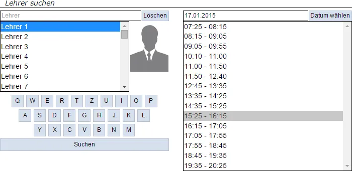 Lehrersuche des HTL-Infoscreens mit großer Bildschirmtastatur und Ergebnisliste