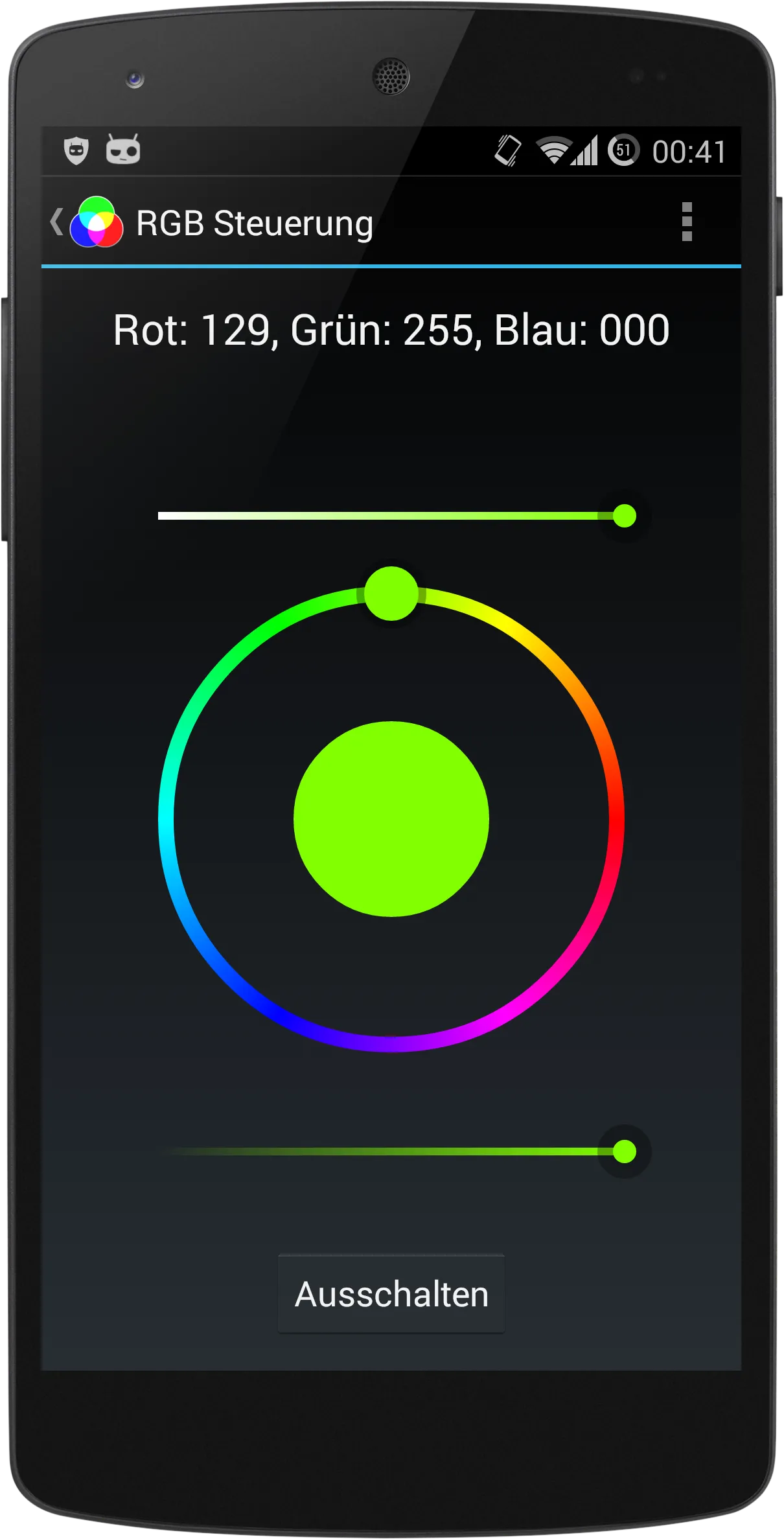Farbsteuerung der Android-App mit RGB-Farbrad sowie Reglern für Sättigung und Helligkeit