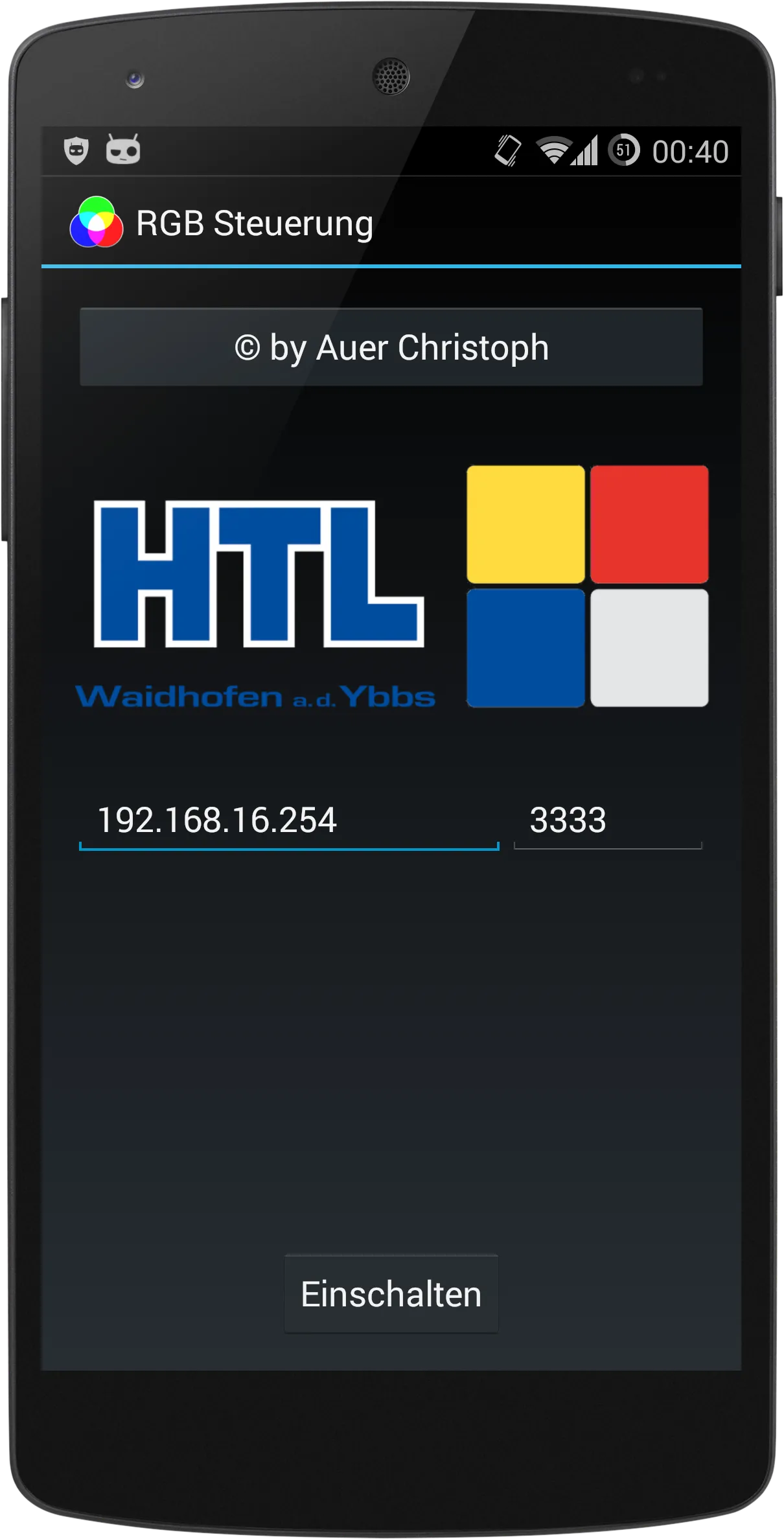 Einstellungsansicht der Android-App mit Feldern für IP-Adresse und UDP-Port