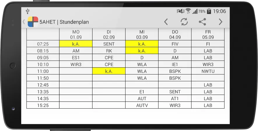 Wochenansicht der Stundenplan-App im Querformat mit farbig markierten Unterrichtsstunden