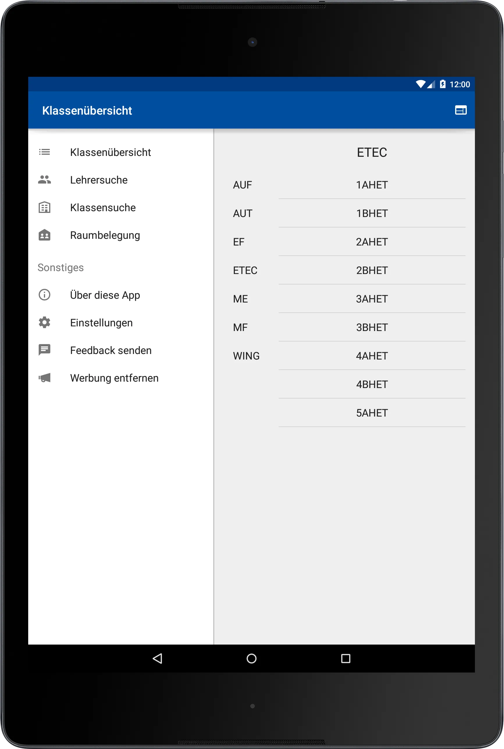 Klassenübersicht der Stundenplan-App auf einem Android-Tablet mit dauerhaft sichtbarer Navigation